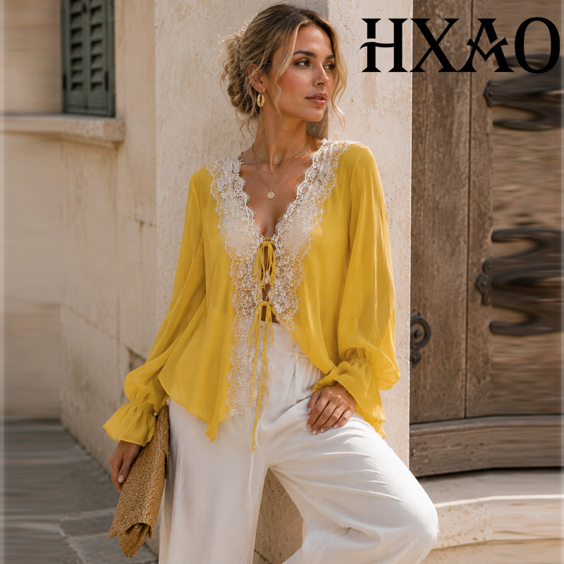 Sewing V - HXAO Vetersluiting Damesblouse Lange Mouw Gele
