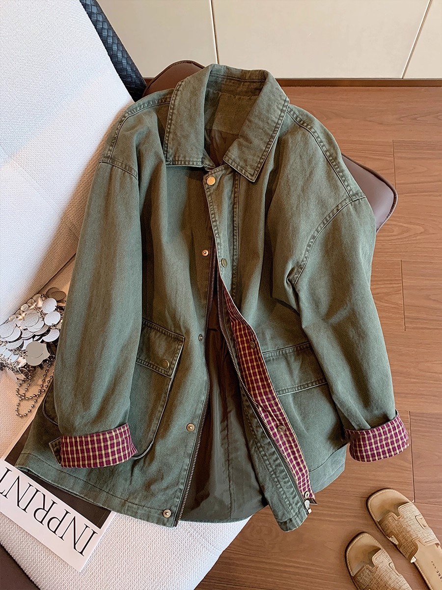Sewing Jackets - Vintage legergroen denim jack dames geruite